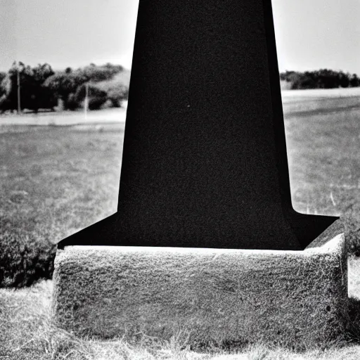 Image similar to a giant crow with a round body short legs and large black beak sitting in a black stone obelisk, high resolution film still, film by Jon Favreau