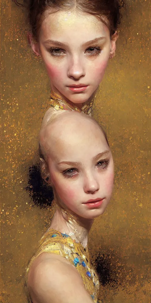 Image similar to an intricate portrait painting of an artistic pose young beautiful ballerina, klimt golden motives and textures, hyper - detailed, octane render, vivid colors, artstation, by jeremy mann, by gustav klimt