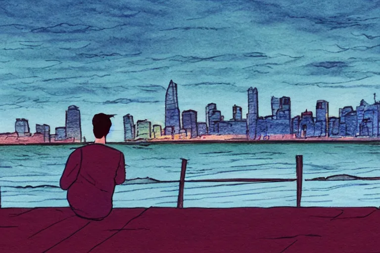 Prompt: A man sitting on a jetty, city in the background, cinematic lighting, copic markers