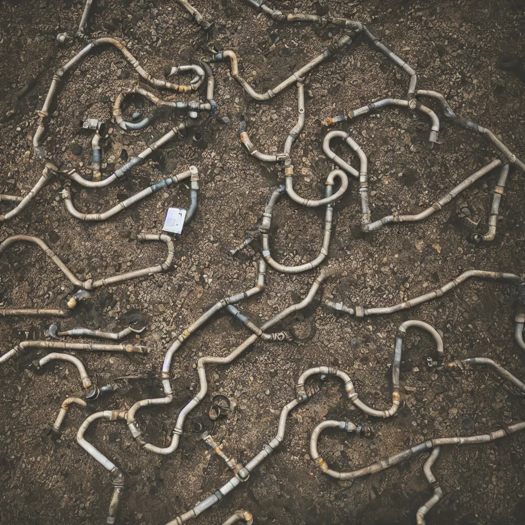 Prompt: a family buried in oil and crossed by delicate porcelain rusty pipes in a glowing iridiscent lake aerial leica, 2 4 mm