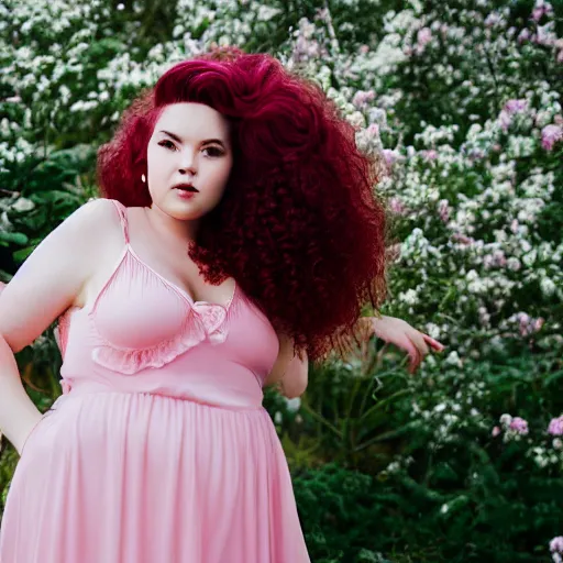 Prompt: a photograph of rose quartz from steven universe, portrait photography, 85mm, iso 400, focus mode, detailed portrait, gigantic pink ringlets, huge curly pink hair, chubby, white dress, gorgeous, kind features, beautiful woman, flattering photo, daylight