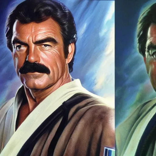 Image similar to ultra realistic head and shoulders portrait painting of tom selleck as cal kestis in star wars jedi fallen order, art by frank frazetta, 4 k, ultra realistic, highly detailed, epic lighting