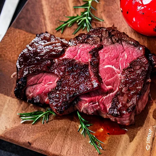 Image similar to explosion fireball sending meat everywhere wagyu steak gourmet food photography