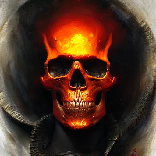 Prompt: fiery skull contemplating life, gracked, detailed, painted by raymond swanland