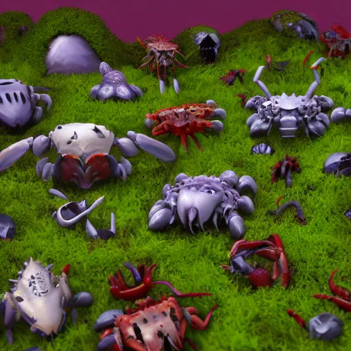 Prompt: voidless of the festival!, The Graveyard!!, large group of crabs and worms, crawling along a bed of moss, low poly, creeper world, handcrafted, artstation, hyperrealistic, hard light, best practices, creeptastic, photorealism, macro perspective, cuddly