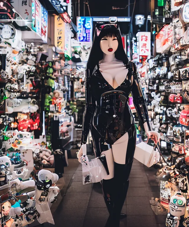 Prompt: high quality presentation photo of an evil robot anthropomorphic catwoman shopping in japan, photography 4k f1.8 anamorphic bokeh 4k Canon Nikon