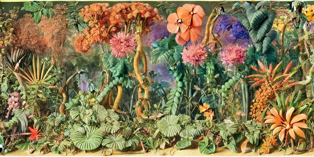 Image similar to jungle scene with colorful flowers, leaves, vines, flowers, intricate details, volumetric lighting, vivid colors, panorama, Artwork by Ernst Haeckel + Maria Sibylla Merian