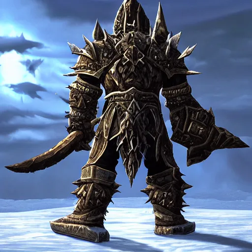 Image similar to world of warcraft orc warrior viewed from the back in spiky epic full plate armor standing in front of a vast icy land and dark icy mounatins in the background, extreely detailed, wow, cinematic, unreal engine 5, artistic, movie poster, world of warcraft cinematics style, only dark contrasting colours, colours ranging of blue white and black