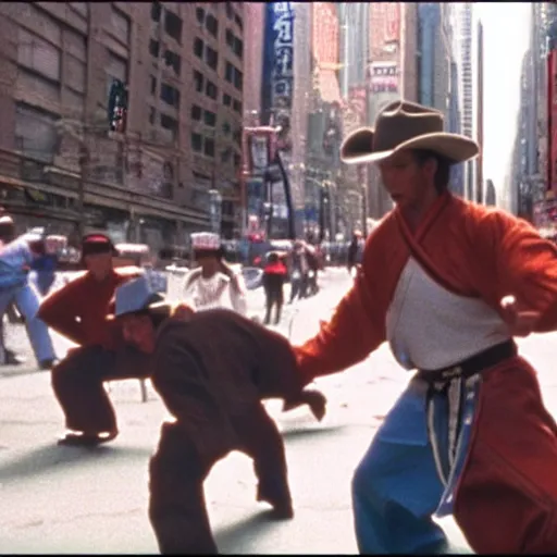 Image similar to film still of the 1995 movie 'Kung-Fu Cowboys of NYC'. Exciting kung-fu action scene. Sigma 85mm f/8