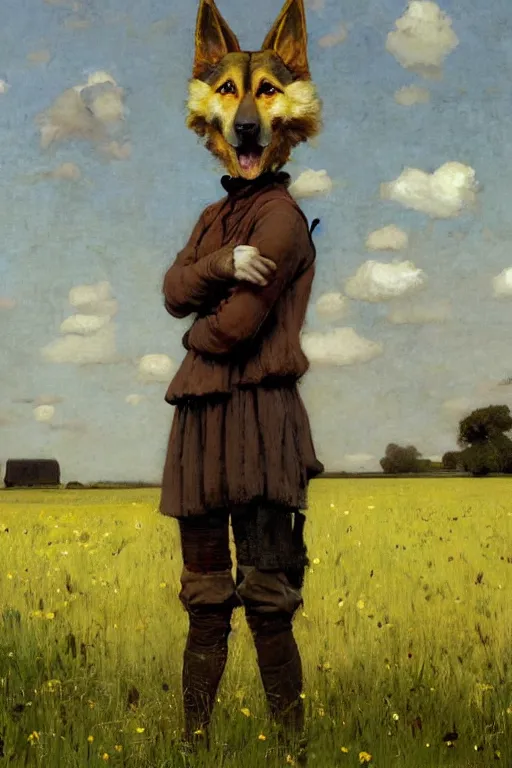 Prompt: farm life portrait of furry anthro anthropomorphic german shepard head animal person fursona wearing clothes on the field in ohio, sunny day, digital art by Nerdrum John, William Waterhouse, Winslow Homer, Alex Heywood, Jordan Grimmer, Darren Quach, Greg Rutkowski, Simon Stalenhag, trending on Artstation, CGSociety