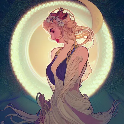 Prompt: Elven goddess of the moon, swirling dress, ambient lighting, 4k, alphonse mucha, lois van baarle, ilya kuvshinov, rossdraws, artstation
