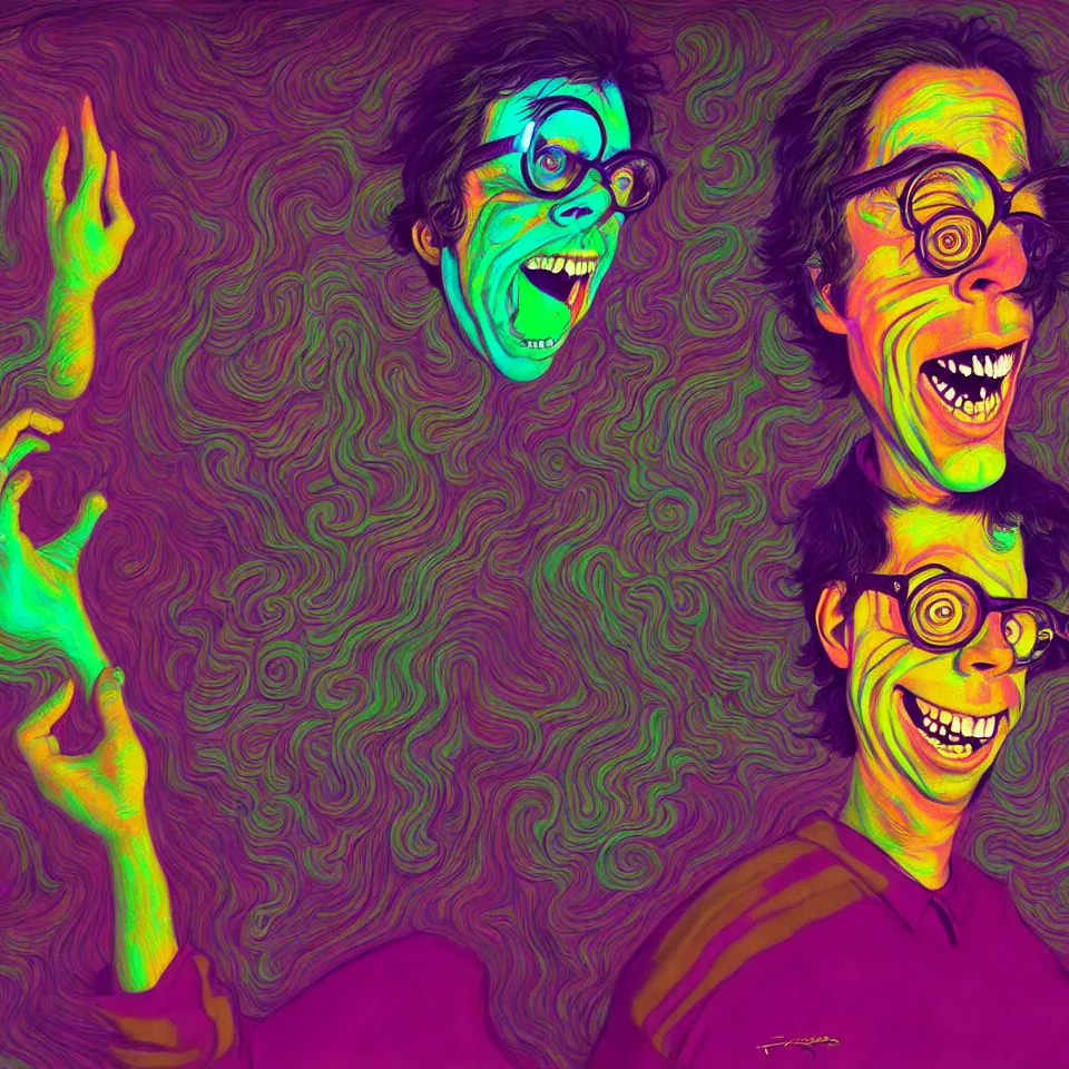 Image similar to happy and funny psychedelic best friends todd solondz tripping on lsd, laughing, diffuse lighting, fantasy, intricate, elegant, highly detailed, lifelike, photorealistic, digital painting, artstation, illustration, concept art, smooth, sharp focus, art by francis bacon