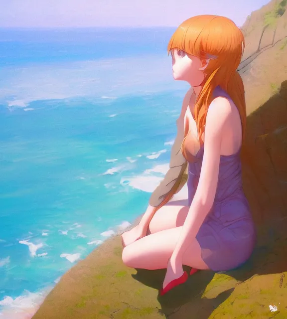 Prompt: a girl sitting on a cliff overlooking a beach. vivid colors, soft lighting, atmospheric, cinematic, moody, in the style of ilya kuvshinov and range murata, krenz cushart, oil on canvas, 8 k