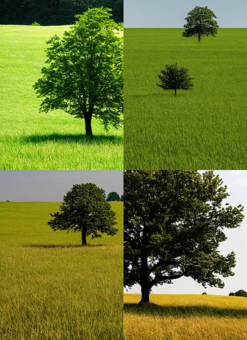 Prompt: a lone oak tree in a grass field in summer.