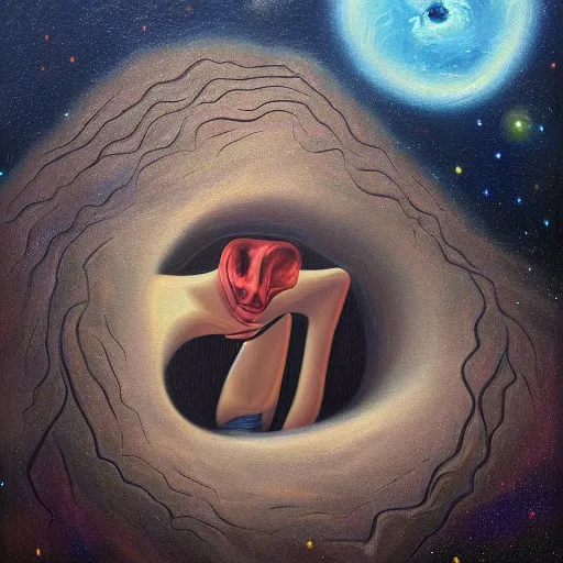 Image similar to highly detailed surrealist painting of deep sadness a deep endless hole inside, expressive emotional piece, trending on art station, emotional expression, lost in the jungle galactic cosmic nebula