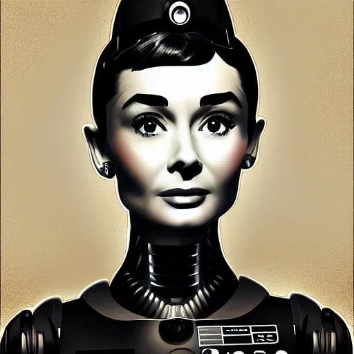 Prompt: portrait of audrey hepburn as a robot highly detailed digital painting art station cyberpunk