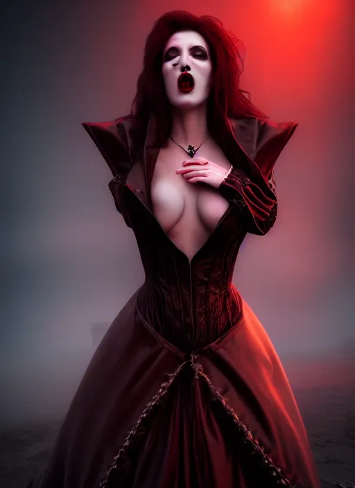 Image similar to realistic matte painting, full length portrait, the vampire duchess of blood owns las vegas at night, fangs, pale, highly detailed, CGsociety, concept art, HDR, hyper realistic, volumetric lighting, subsurface scattering, unreal,