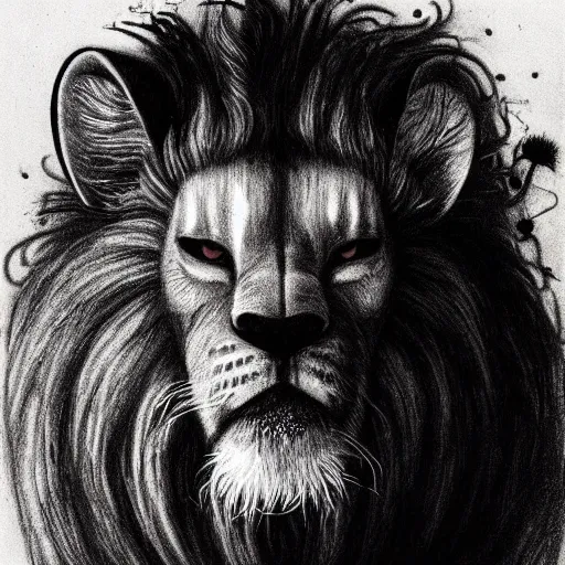 Image similar to Black and white drawing of Mufasa\'s death, Long live the king, Stephen Gammell style, evil, high detail, Scary Stories