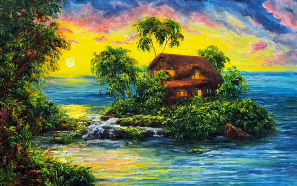 Image similar to a small island surrounded by water with a cozy cottage, with a garden courtyard, tropical forest, river, waterfall, sunset, puffy clouds, dramatic and dynamic lighting, thick brush strokes oil impasto painting