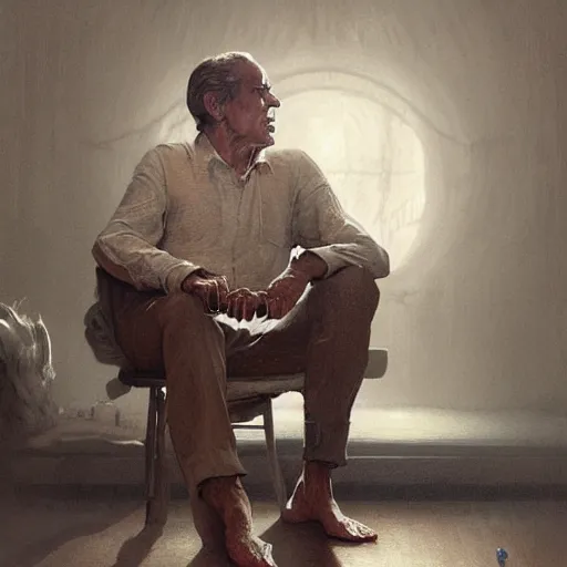 Image similar to a highly detailed epic cinematic concept art CG render digital painting artwork costume design: Henry Fonda as a 1950s tired disillusioned poet, barefoot, smoking a cigar. volumetric lighting. By Greg Rutkowski, in the style of Francis Bacon and Syd Mead and Norman Rockwell and Beksinski, open ceiling, highly detailed, painted by Francis Bacon and Edward Hopper, painted by James Gilleard, surrealism, airbrush, Ilya Kuvshinov, WLOP, Stanley Artgerm, very coherent, triadic color scheme, realistic facial expression, art by Takato Yamamoto and James Jean