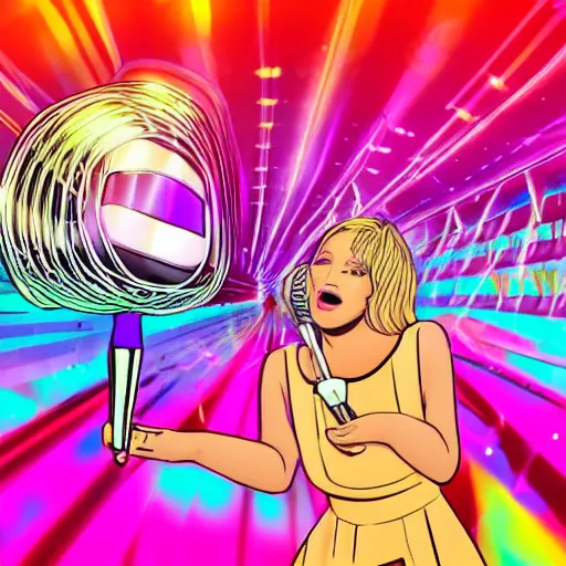 Prompt: animated blonde girl singing with condenser microphone on a big stadium full of people, psychedelic background