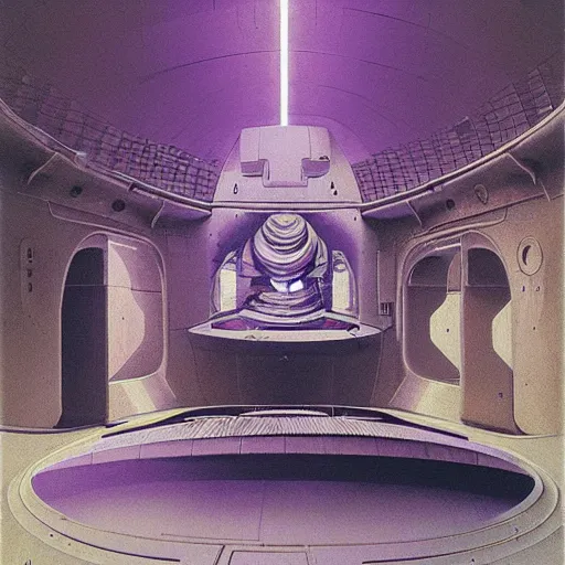 Image similar to painting of a syd mead scifi ancient civilzation interior engine room, purple sun, beksinski