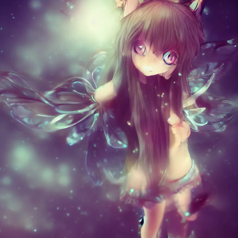 Image similar to cute, full body, female, anime style, a cat girl with fairy wings, large eyes, beautiful lighting, sharp focus, simple background, creative, heart effects, filters applied, illustration