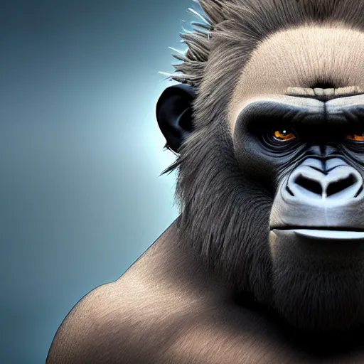 Image similar to angry tough gorilla, punk gorilla with mohawk hair. interesting 3 d character concept by tiger hkn and gediminas pranckevicius, maplestory, game art, hyper detailed, character modeling, cartoon, cinematic, ray tracing, fur details, maya, c 4 d