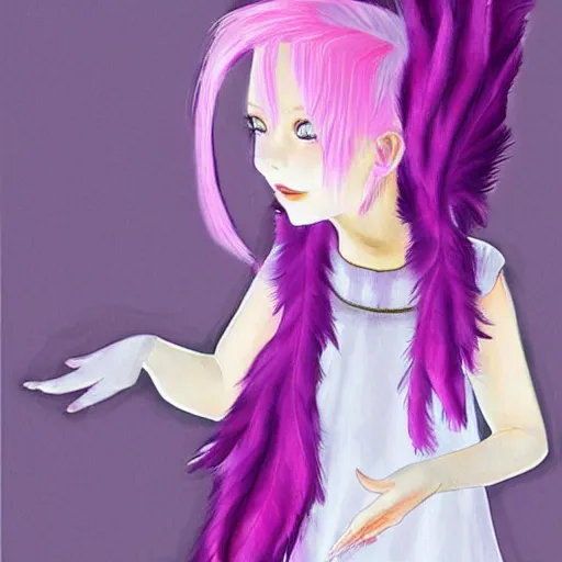 Image similar to little girl with eccentric pink hair wearing a dress made of purple feather, art by dcwj