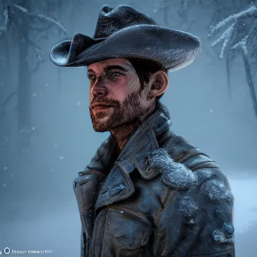 Prompt: A comic book style portrait painting of a male ranger with cowboy hat in a a post apocalyptic winter landscape, unreal 5, DAZ, hyperrealistic, octane render, RPG portrait, ambient light, dynamic lighting