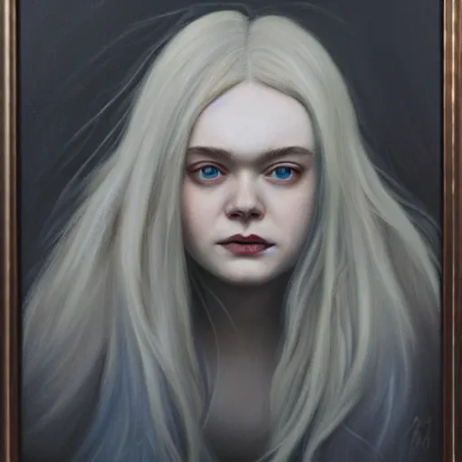 Image similar to professional painting of Elle Fanning in the style of Chris Friel, head and shoulders portrait, symmetrical facial features, smooth, sharp focus, illustration, intricate, stormy weather, extremely detailed masterpiece,