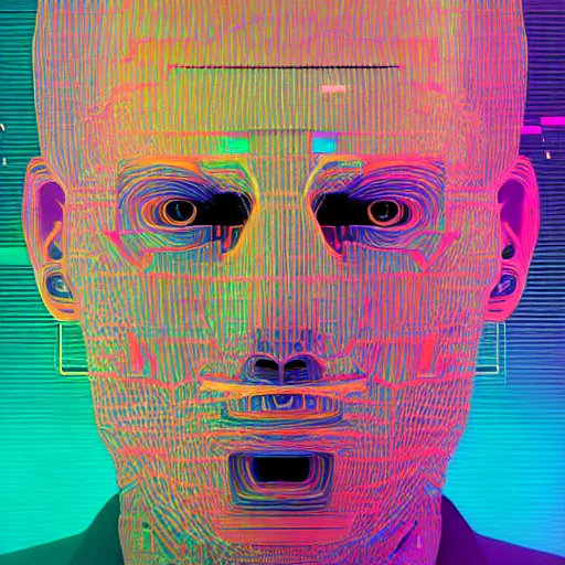 Prompt: portrait of abstract visual artificial intelligence face chromatic suit by Petros Afshar and Beeple, highly detailed