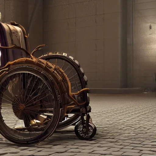 Image similar to a 3d render of a steampunk wheelchair, ultra detailed, realism, 8k, octane render, unreal engine