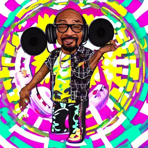 Image similar to svg sticker of a Dancing-Ben-Harper-Snoop-Spike-Lee-with-a-large-Afro-Puff, at a rave, spinning records, giant headphones rocking out, wearing headphones, huge speakers, dancing, rave, DJ, spinning records, digital art, amazing composition, rule-of-thirds, award-winning, trending on artstation, featured on deviantart