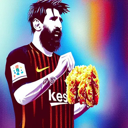 Image similar to lionel messi with a majestic beard eating a kfc zinger by alena aenami