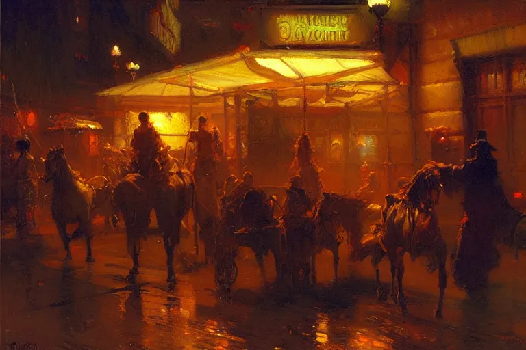 Image similar to western, night, neon light, painting by gaston bussiere, craig mullins, j. c. leyendecker