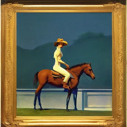 Prompt: Dolores in a cowboy hat on a horse, by Edward Hopper