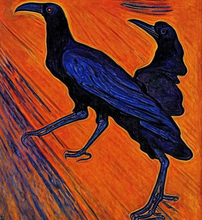 Image similar to epic digital art, realistic, extreme detail, by edvard munch of artistic form coming into being as two elements are successfully fused, raven bird.