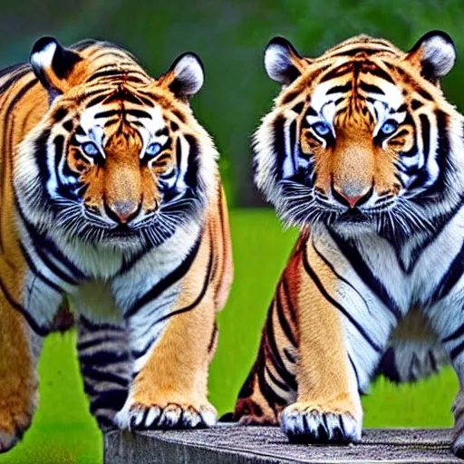 Image similar to two siberian tigers with bat wings posing like super models staring into your eyes with bright blue irises.