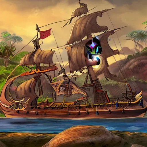 Image similar to a pirate ship near a skull shaped island, by Bill Tiller, monkey island game, game concept art, colorful