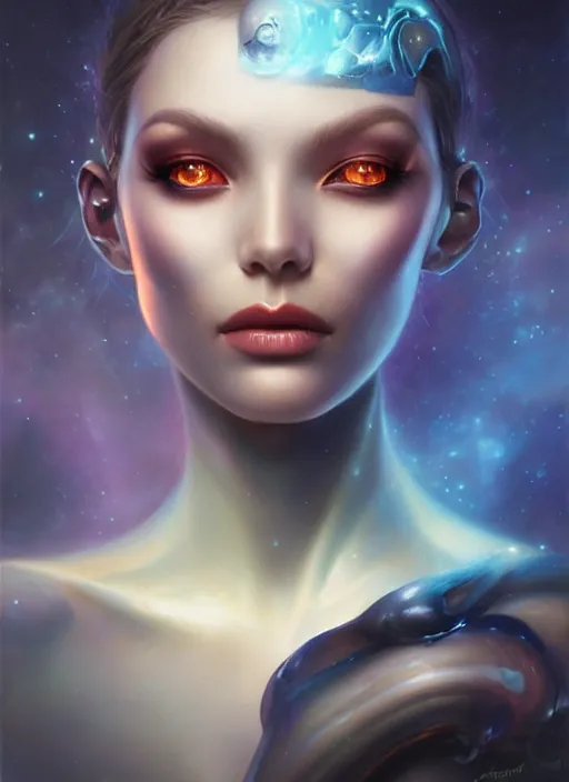 Image similar to a beautiful alien woman with sapphire skin, painted by artgerm and tom bagshaw, fantasy art, dramatic lighting, highly detailed oil painting