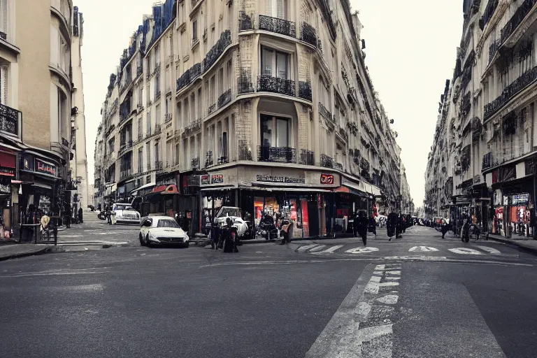 Image similar to photo of the streets of Paris under American domination, US colonization, military occupation, dystopia, science fiction, highly detailed, super realistic, cinematic, intense lighting, apple logo, flags, American military cyborgs, French paranoia