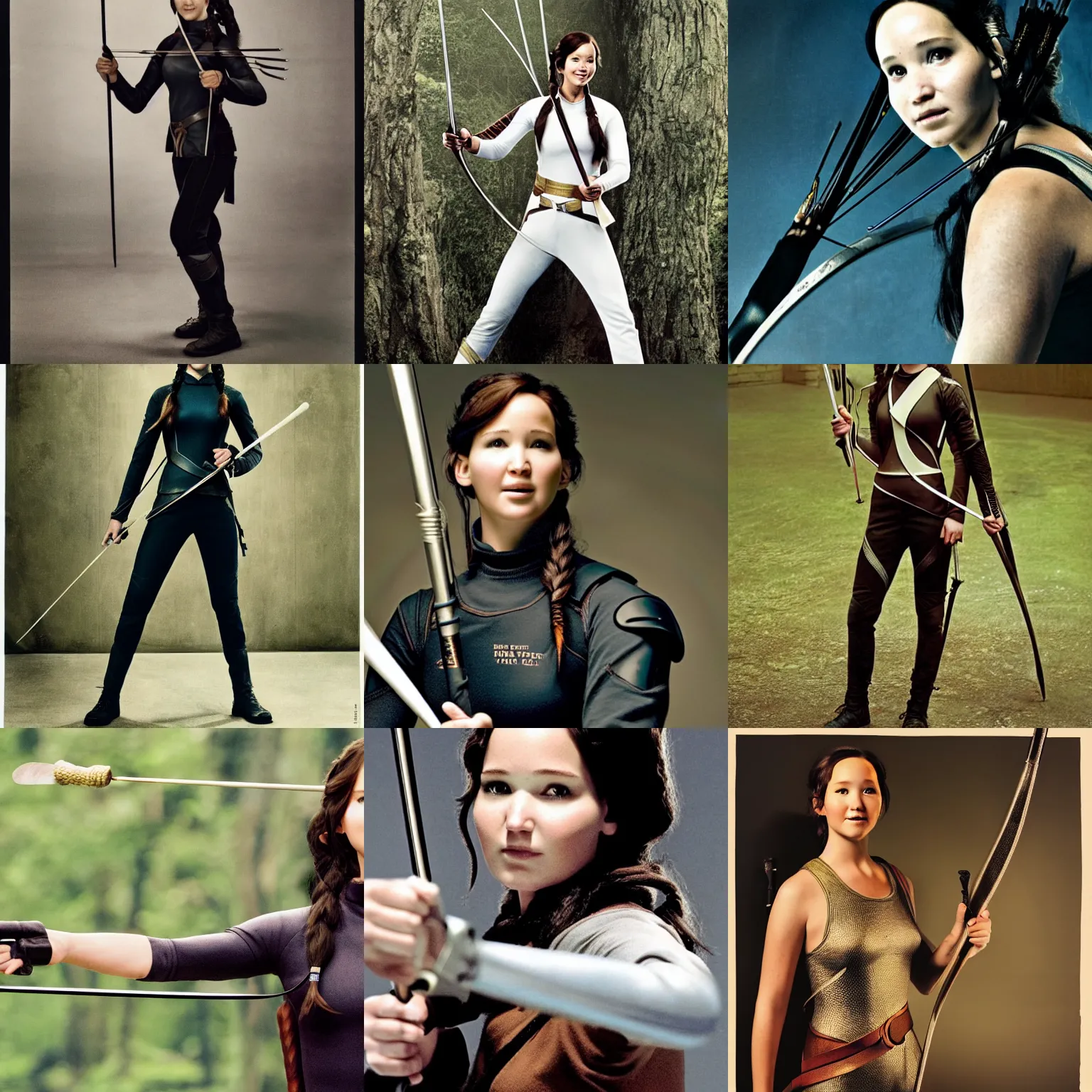 Prompt: Katniss Everdeen as a fencer, holding an epée toward the camera, smiling, photo by Annie Leibovitz