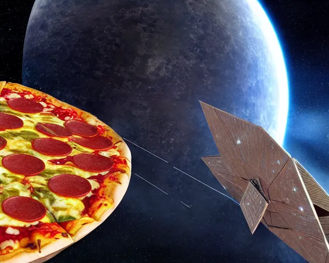 Image similar to a slice of pizza in orbit over a single planet space super star destroyer ship starwars 3 d render starwars clonewars 4 k atmospheric cinematic shot octane render high definition