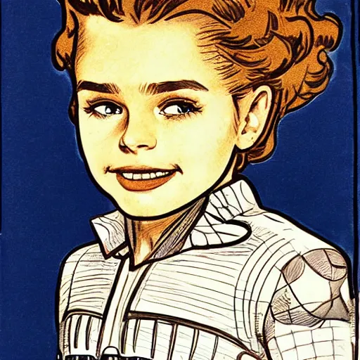 Prompt: a little girl with a mischievous face and light brown curly wavy hair and blue eyes. she is dressed as captain america, spider - man, batman, captain marvel, a superhero. well composed, clean elegant painting, beautiful detailed face. painting by steve ditko and jack kirby and ( alphonse mucha )