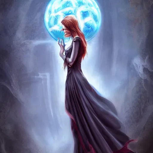 Prompt: a woman in a long dress holding a ball in her hand, concept art by anne stokes, featured on cgsociety, fantasy art, wiccan, dark and mysterious, mystical