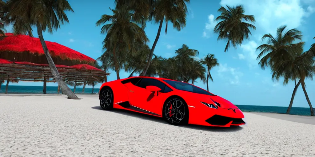 Image similar to red Lamborghini huracan!, unreal engine 5!, hyperrealistic!, cinema 4D!, dynamic lighting! Beach! Tropical paradise!, cinematic landscape!, studio landscape! Amazing ultra quality!