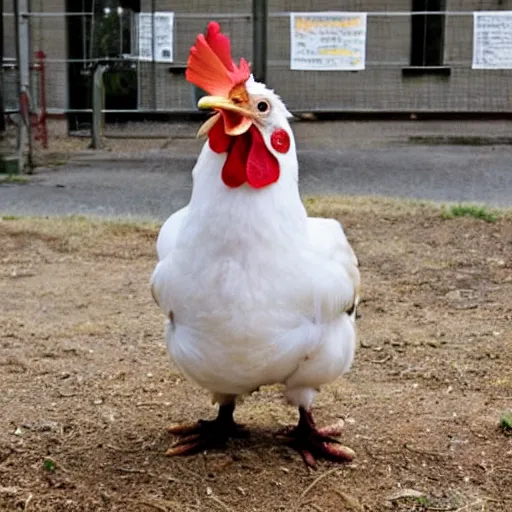 Prompt: chicken dressed as an inmate, real photography, police statiom