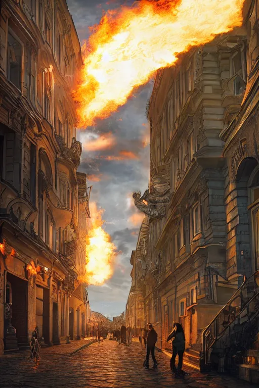 Prompt: in the foreground a street in Saint Petersburg, in the background a blonde woman from the back completely on fire wearing a long matrix-style jacket, realistic, high definition, many details, dramatic scene, detailed and realistic hands, symmetrical face, realistic eyes , art of D&D