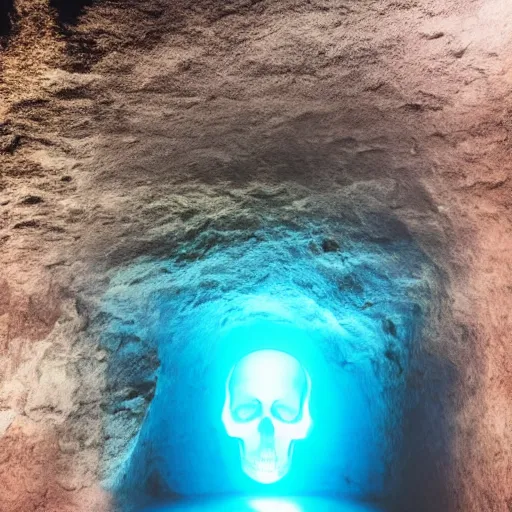 Image similar to a large translucent skull blocking the entrance to a cave emanating a blue glow, subsurface scattering, volumetric light, caustic reflection, adventure mystery cave